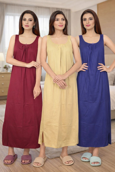 SHIIVORAA Women's Cotton Sleeveless Night Dress Pack Of 3 (Maroon, Beige, Multicolour) | Nighty | Nightgown | Sleepwear | Sleeveless Nighties | Nightdress | Female Nightwear