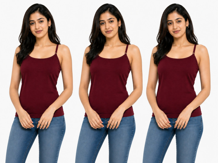 SHIIVORAA Women's Super Combed Cotton Rib Camisole with Adjustable Straps Pack Of 3 (Single Colour) | Camisole | Cami Top | Women Camisole | Ladies Camisole | Spaghetti Strap Camisole | Sleeveless Camisole