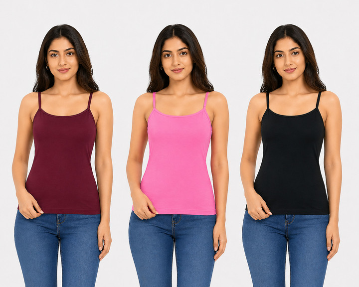 SHIIVORAA Women's Super Combed Cotton Rib Camisole with Adjustable Straps Pack Of 3 (Multicolour) | Camisole | Cami Top | Women Camisole | Ladies Camisole | Spaghetti Strap Camisole | Sleeveless Camisole