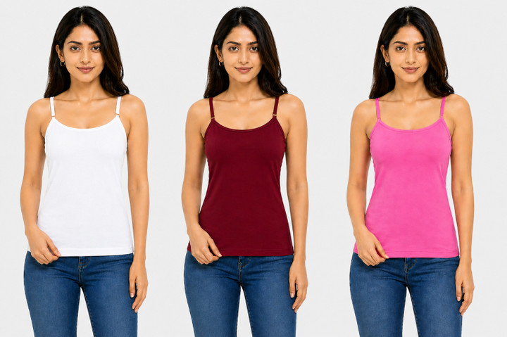 SHIIVORAA Women's Super Combed Cotton Rib Camisole with Adjustable Straps Pack Of 3 (Multicolour) | Camisole | Cami Top | Women Camisole | Ladies Camisole | Spaghetti Strap Camisole | Sleeveless Camisole