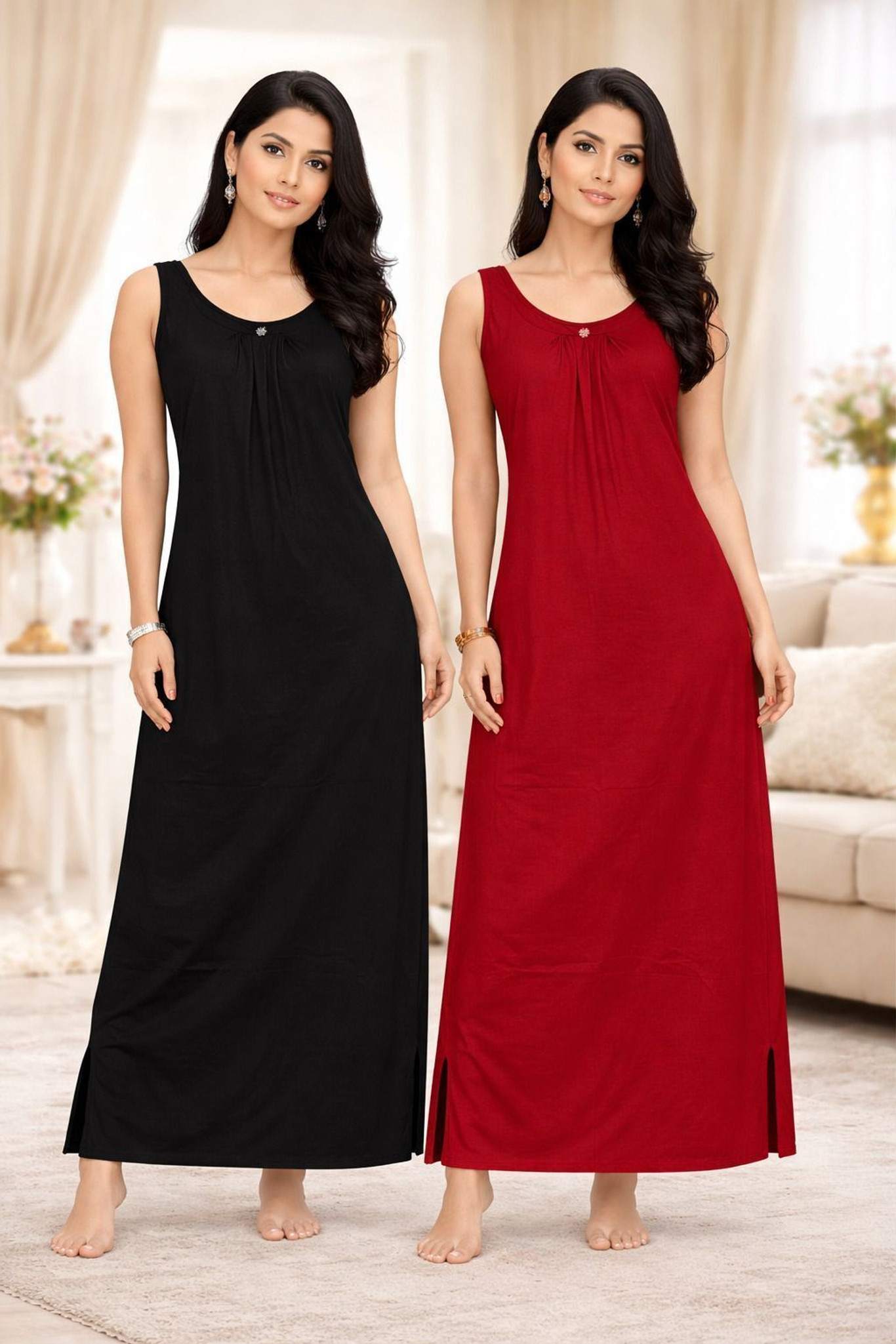 SHIIVORAA Women's Cotton Sleeveless Night Dress Pack Of 2 (Multicolour) | Nighty | Nightgown | Sleepwear | Sleeveless Nighties | Nightdress | Female Nightwear