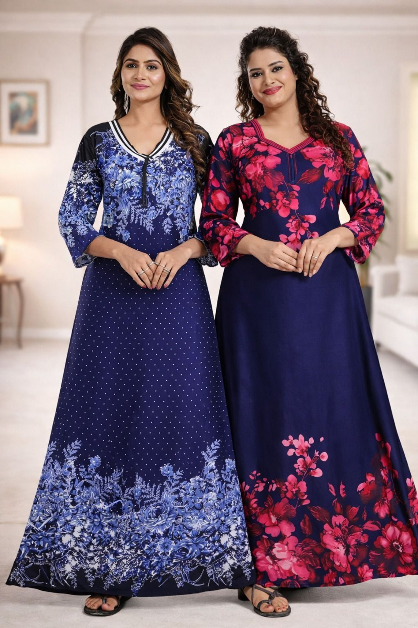 SHIIVORAA Women's Satin Printed Nightgown Free Size Pack Of 2 (Multicolour) | Nighty | Nightgown | Sleepwear | Sleeveless Nighties | Nightdress | Female Nightwear